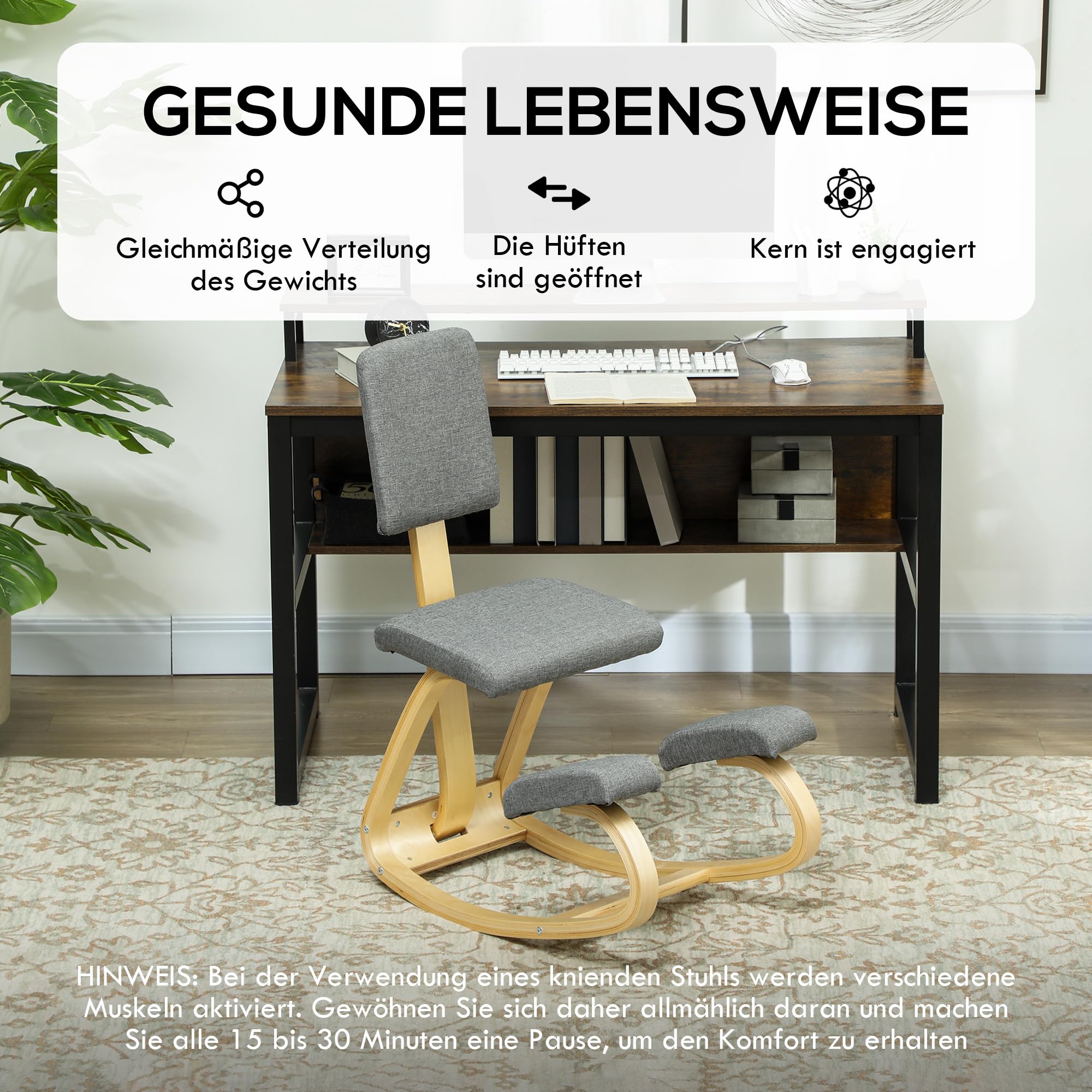 HOMCOM Ergonomischer Kniestuhl, Kniehocker mit Rückenlehne, Basis aus Holz Bürostuhl für Zuhause, Büro, Meditation, zur Verbesserung der Nackenschmerzen Rückenschmerzen Grau