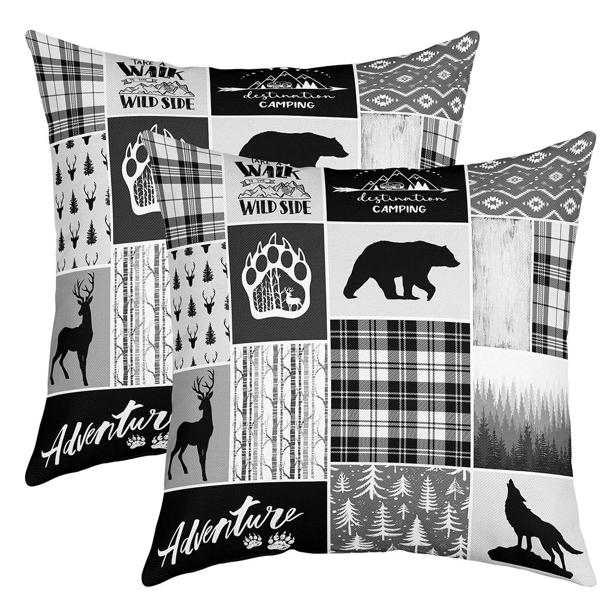 Adventure Themed Throw Pillow Covers 16x16 Inch Set of 2 Lodge Cabin Wild Animal Bear Deer Pillow Cases for Kids Teens Adults Black Gray White Grid Rustic Jungle Cushion Covers for Sofa Chairs