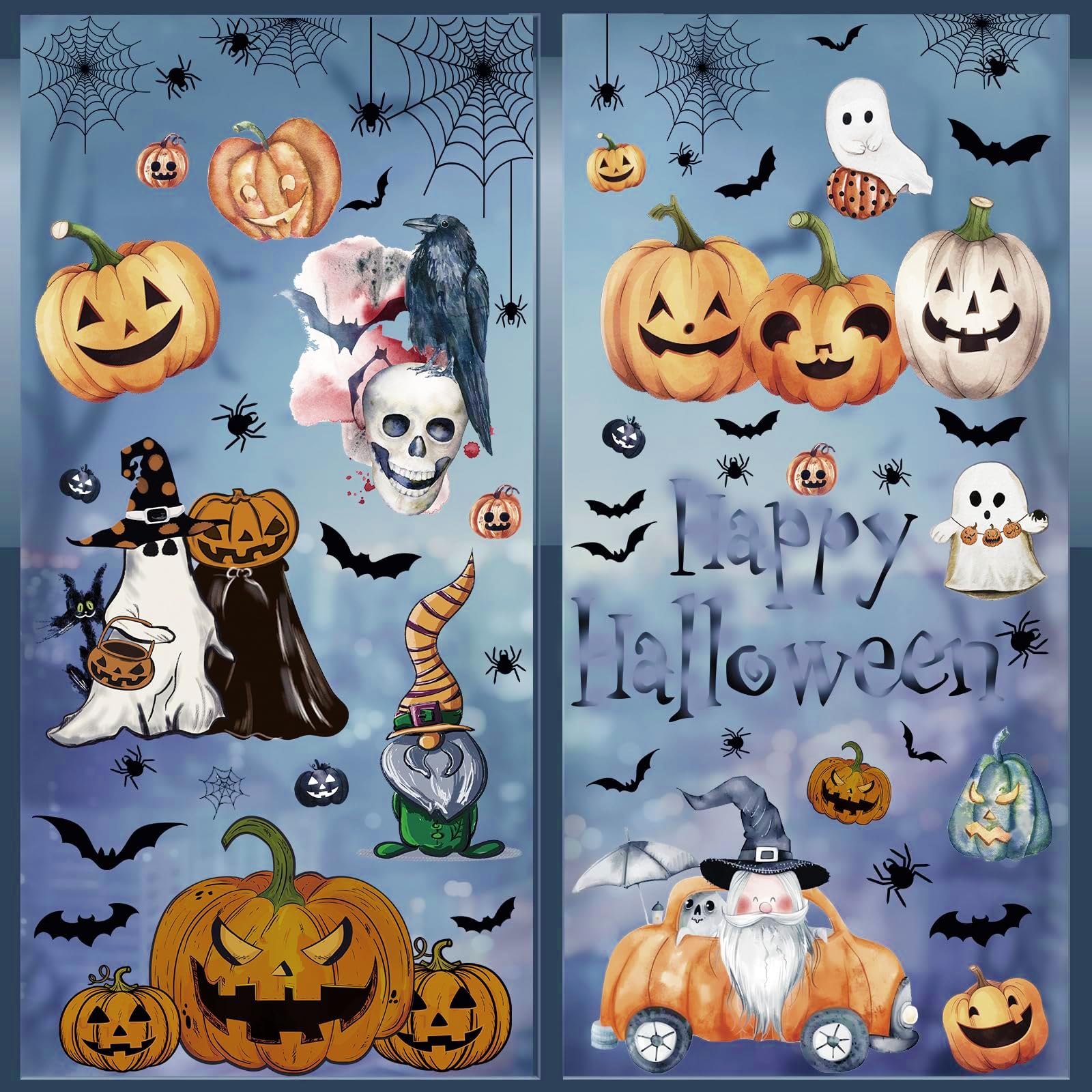 8 Sheets Halloween Window Stickers Horror Halloween Bat Pumpkin Skull Gel Double Sided Window Stickers for Kids Party Decoration โ image 1