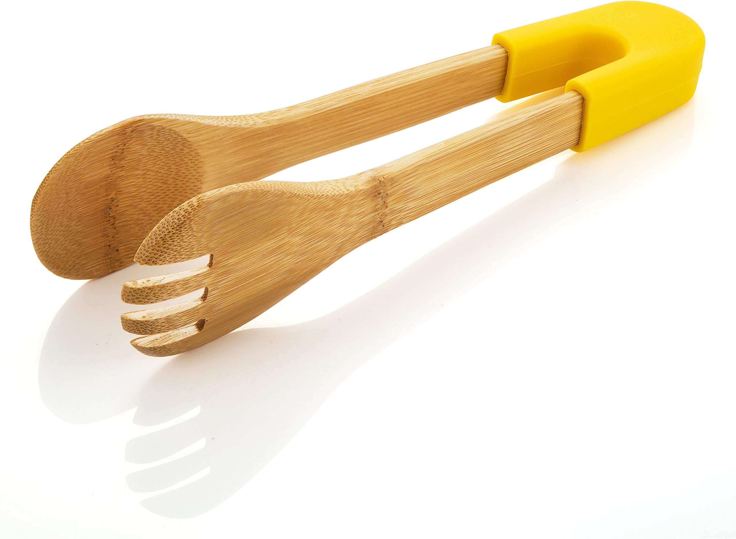 QooWare 10 Inches Bamboo Tongs with Detachable Silicone Handle (Yellow) –Natural Wood Spoon Ladle