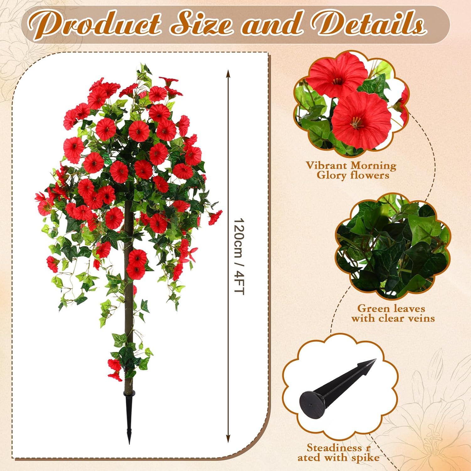 Daifunli 2 Pack Artificial Trees Faux Flowers 4Ft Tall Faux Morning Glory Trees with Ground Spike Lifelike Fake Plants for Outdoor Indoor Office Wedding Home Decoration(Rose Red)