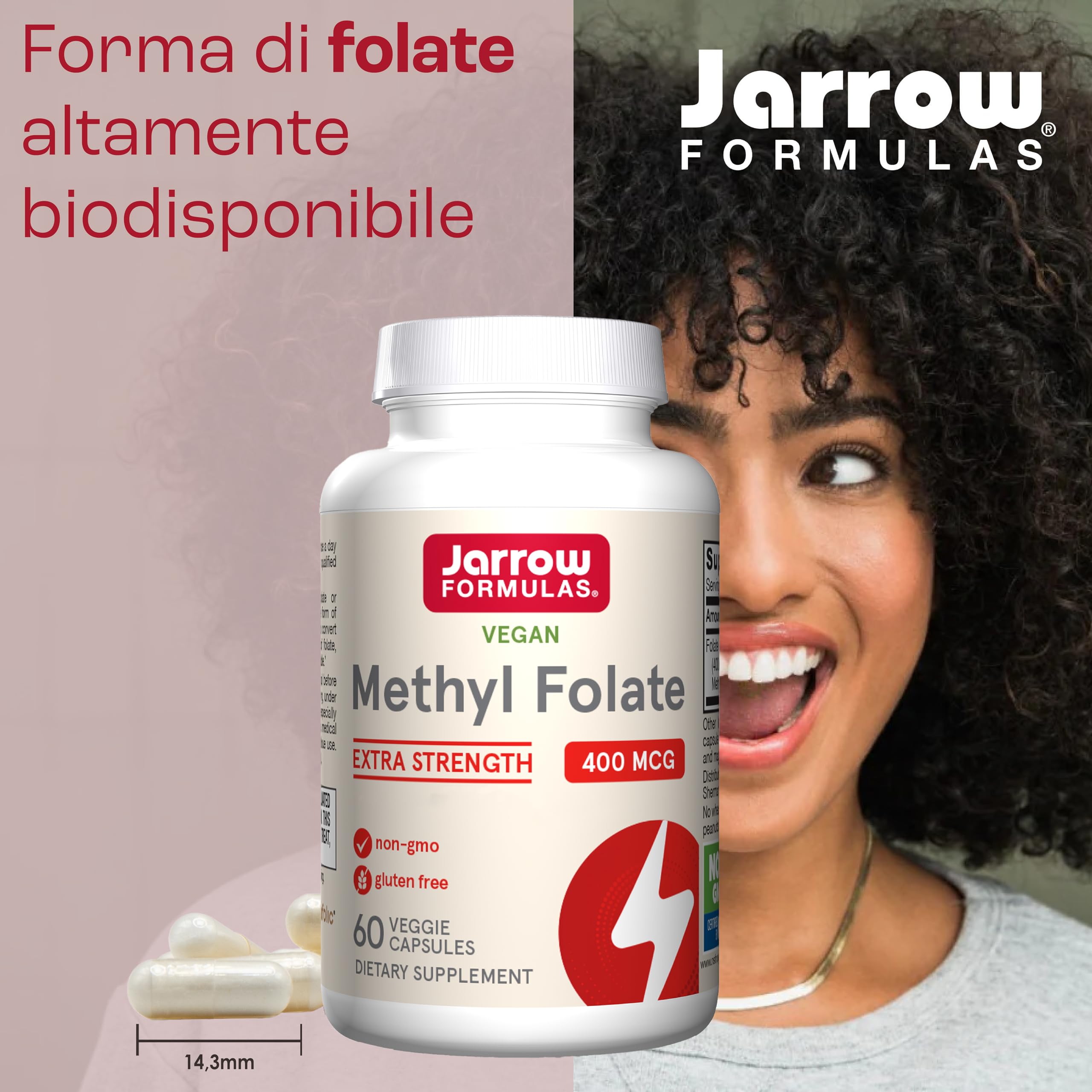 Jarrow Formulas, Methyl Folate (5-MTHF), 400mcg, Acido Folico, 60 Capsule vegane, Testate in Laboratorio, Senza Glutine, Vegetariane, Senza Soia, Non OGM