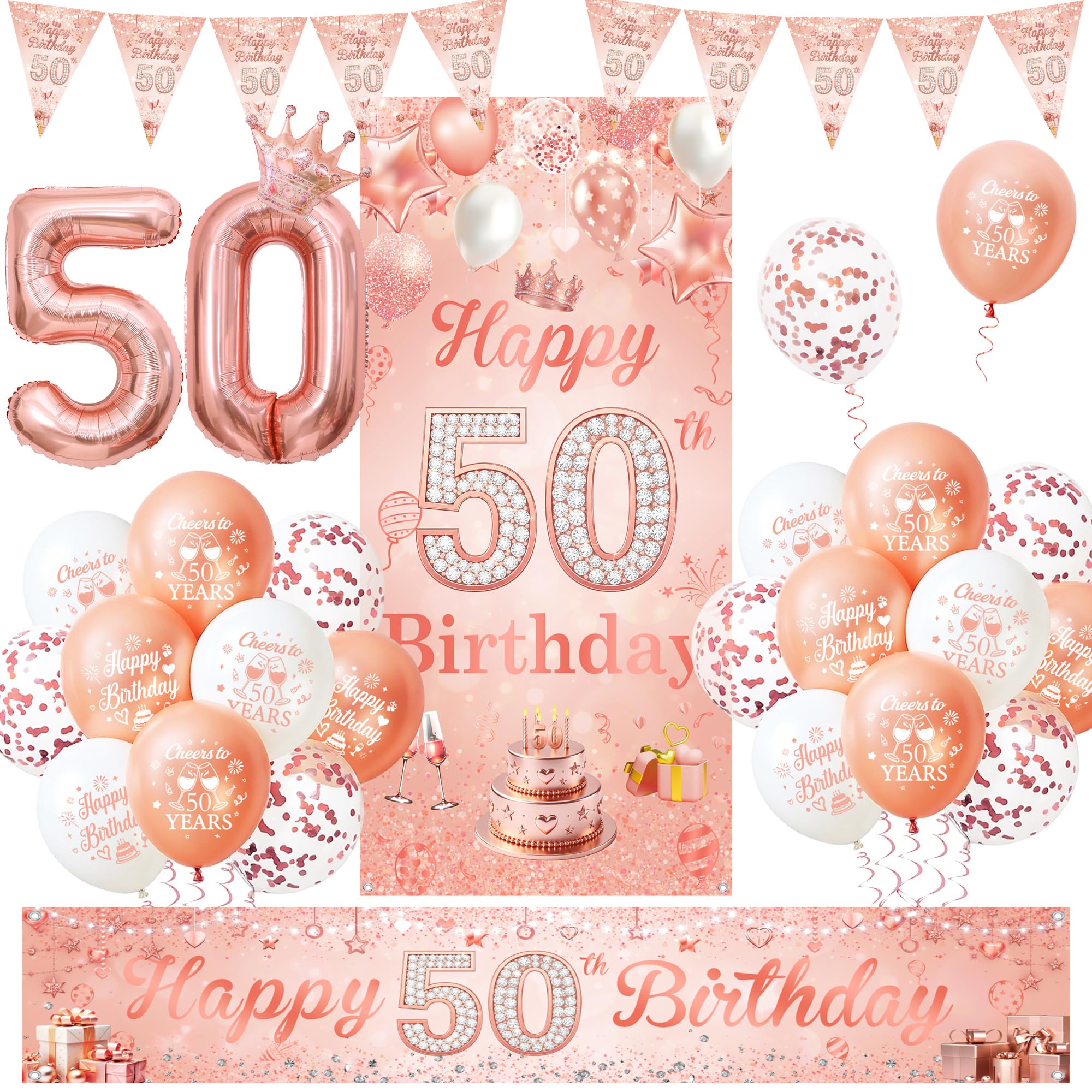 50th Birthday Decorations for Women, Rose Gold Happy 50th Birthday Banner