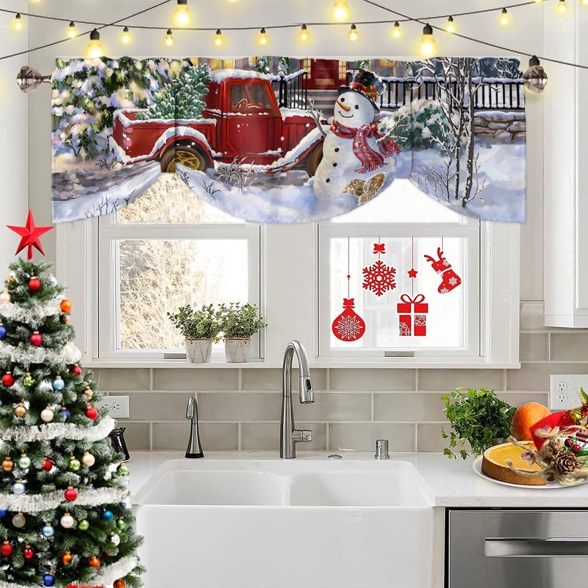 Christmas Tie Up Window Valances for Kitchen, Snowman Rod Pocket Kitchen Window Topper Curtain Valance Red Truck Carrying Xmas Tree Winter Holiday Decor for Living Room, Bedroom, Bathroom 54
