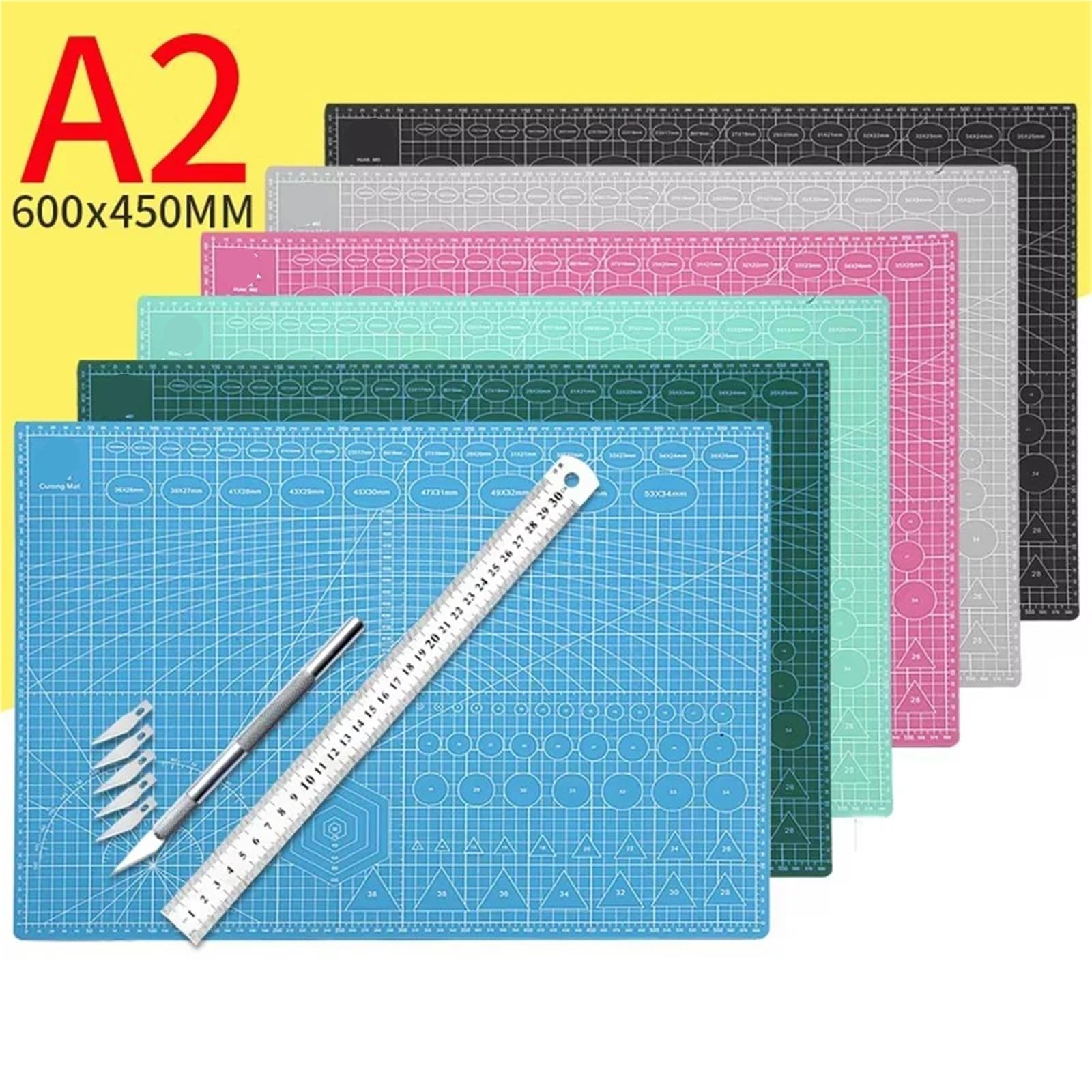 Schneidematte A2 Schneidebrett Gitterlinie Selbstheilende Bastelkarte Mehrfarbig Doppelseitiger Desktop-Handbuchblock 60 * 45 cm Büro(Mint Green)