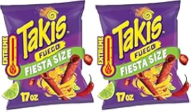 Takis Fuego 17 oz Fiesta Size Bag, Hot Chili Pepper & Lime Flavored Extreme Spicy Rolled Tortilla Chips (Pack of 2)
