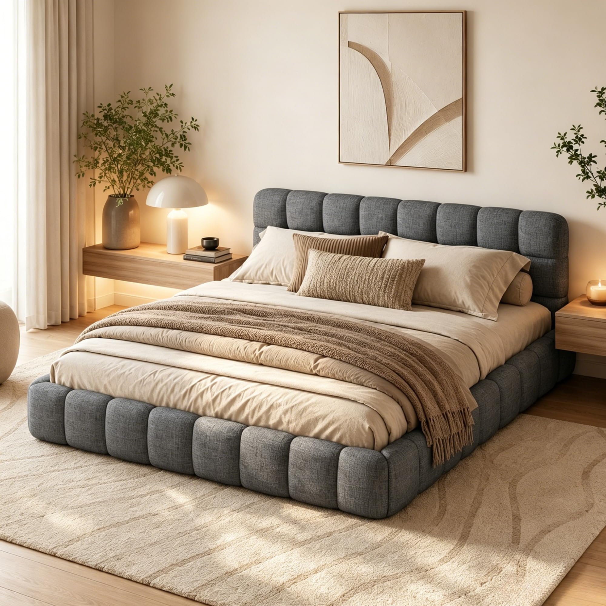 Polsterbett Bubble Bett 140x200cm, Doppelbett mit Lattenrost und weicher Rückenlehne, Jugendbett Flachbett Bettgestell, Leinen, ohne Matratze (Grau, 140 * 200)