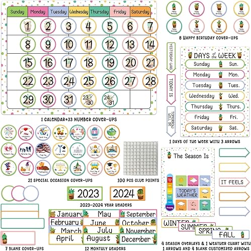 Miniatura 3 de Juego de 98 tableros de anuncios de calendario de cactus bohemio con estaciones festivales clima y días de la semana para el aula suministros de