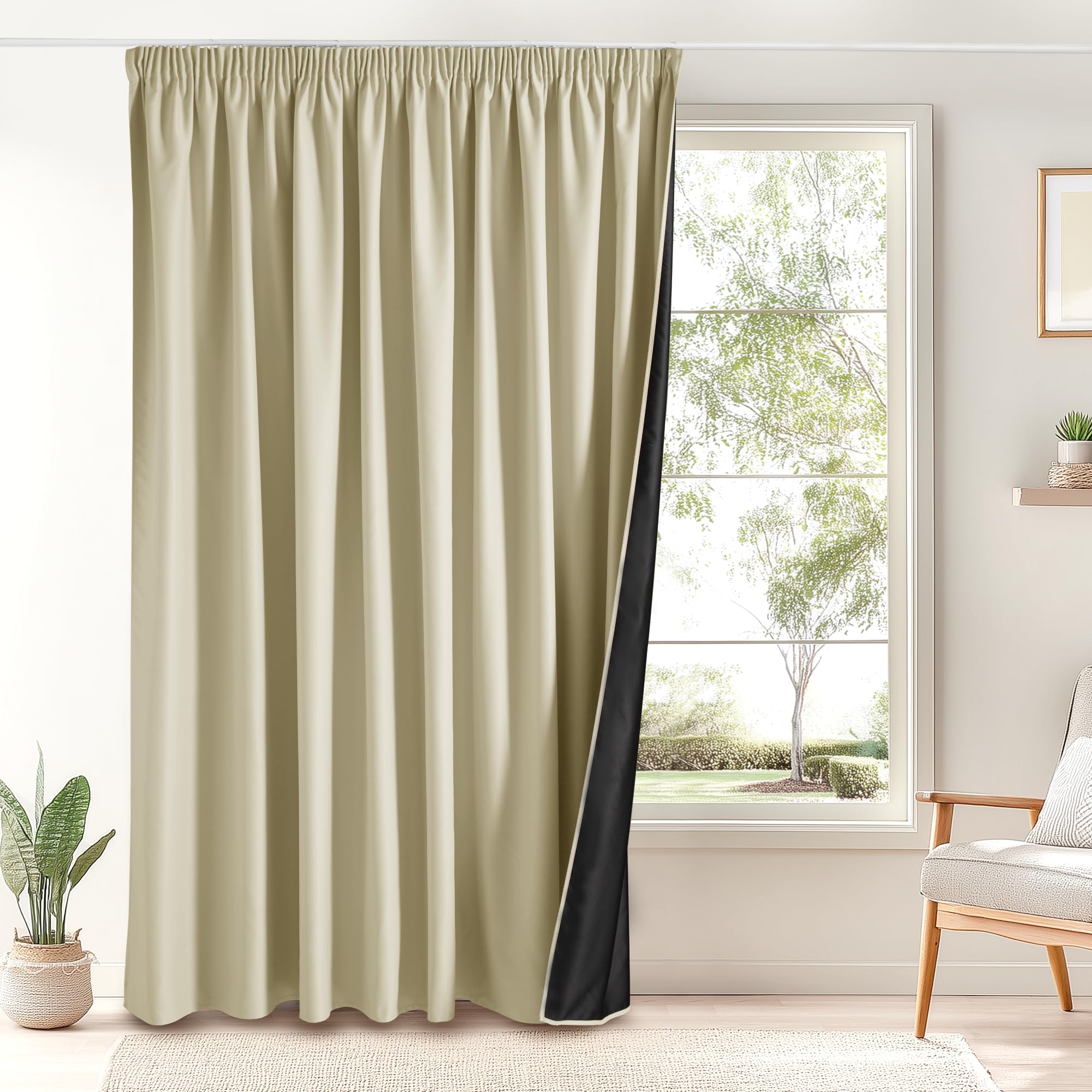 PONY DANCE Rideau Grande Largeur - Rideau Occultant Thermiques Anti Froid Galon Fronceur Passe Tringle Décoration pour Salon Chambre Maison, L 300 x H 245 cm, Beige Clair, 1 PC