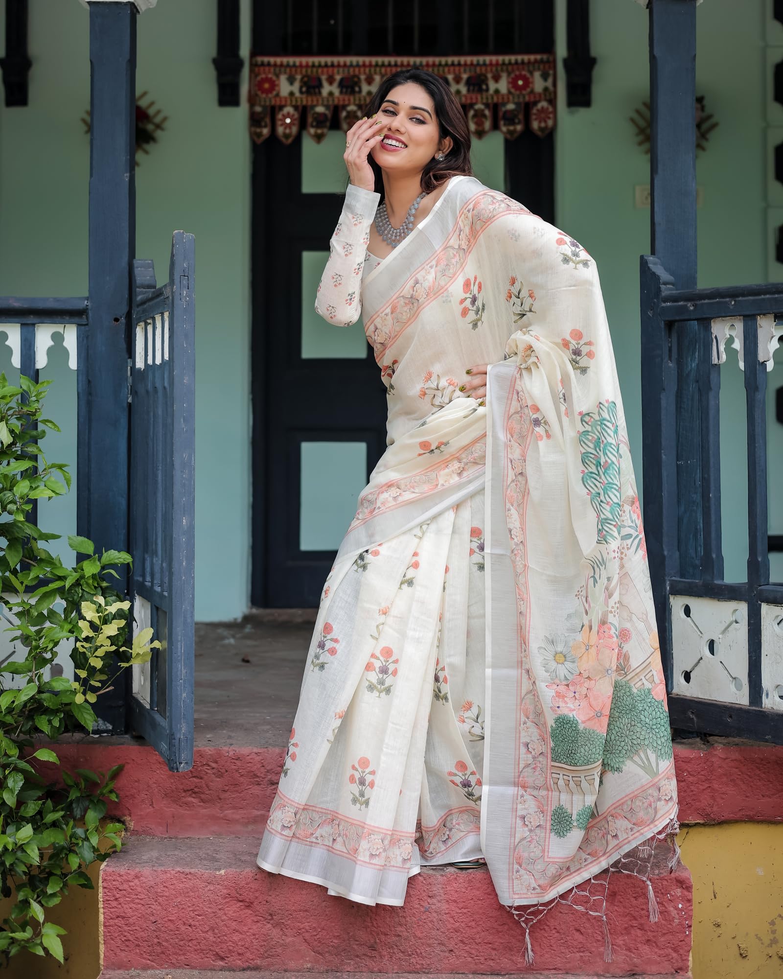 Women's Premium Cotton Linen Silk Saree Featuring Jacquard Zari Woven Brocade Work & Unstitched Blouse Piece | Comfortable Traditional Indian Ethnic Pallu Sari product image 5