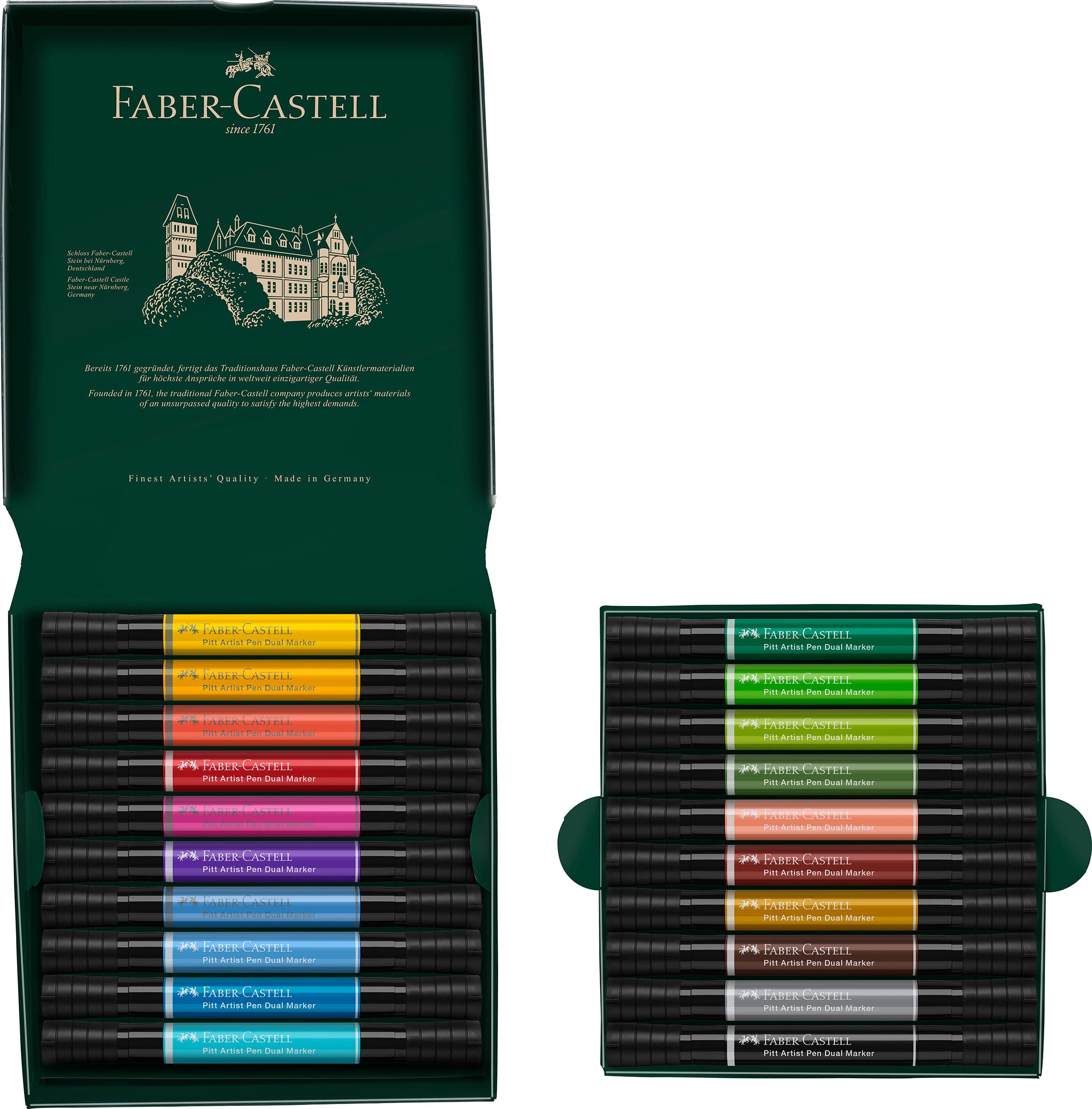 Faber-Castell 162020 - Pitt Artist Pen Dual Marker Tuschestift, mit zwei Spitzen, eine Pinselspitze und eine metallgefasste Faserspitze, 20er Kartonetui