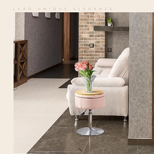 Miniatura 7 de LUE BONA Taburete giratorio de 360° para sala de maquillaje, taburete de altura ajustable con almacenamiento para tocador, pequeño de color rosa con