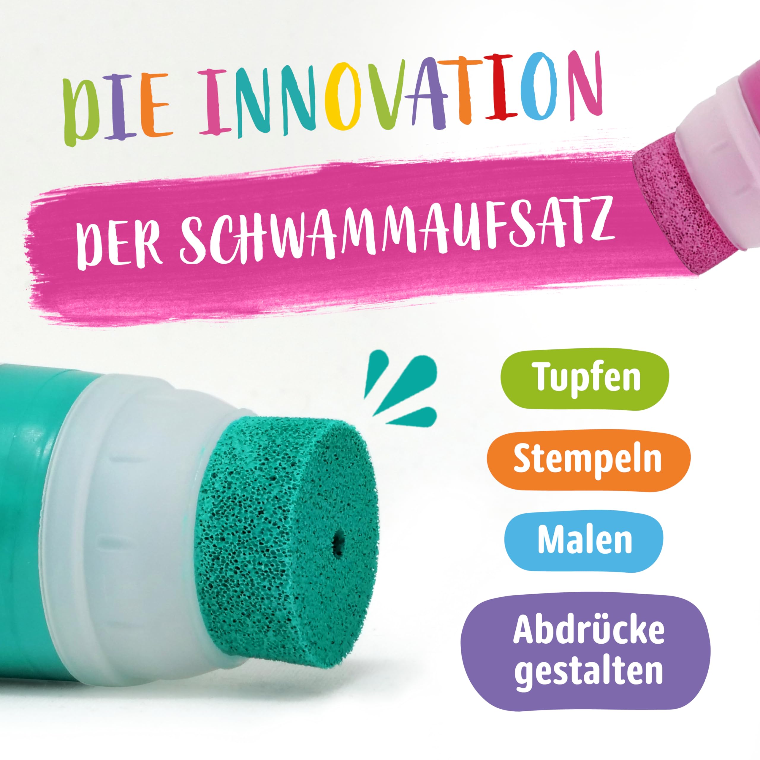 Miniwerk Mal- und Abdruckfarbe 10er Set mit Schwammaufsatz - 10 Malfarben auf Basis natürlicher Rohstoffe, schadstofffrei wie Fingerfarbe - Baby Handabdruck Set, Fußabdruck Baby