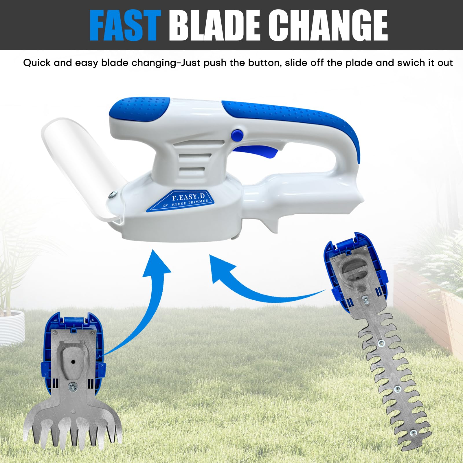 Heckenschere Akku Grasschere 12V, 2 in 1 Gartenschere Rasenkantenschneider 25000RPM Heckenschere Elektrisch inkl. Akku&Ladegerät&2 Messer Aufsätze für Hecken Rasen