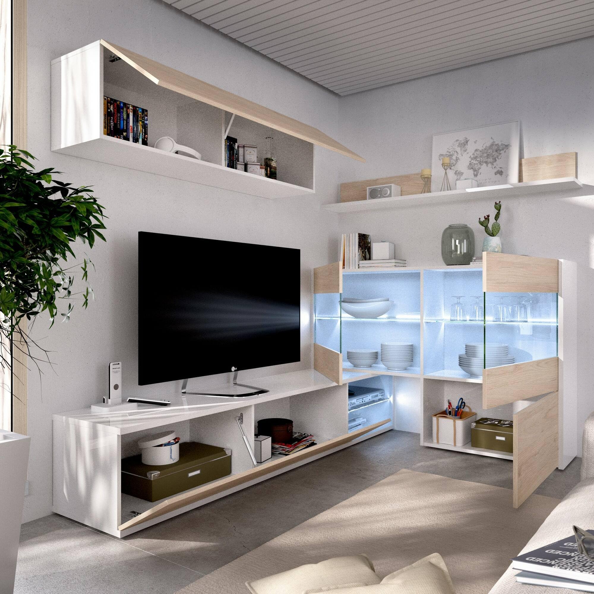 Dmora Parete Attrezzata Adams 41x260x180h cm Marrone Rovere 9 Ripiani Modulabile, Apertura Battente e a Ribalta