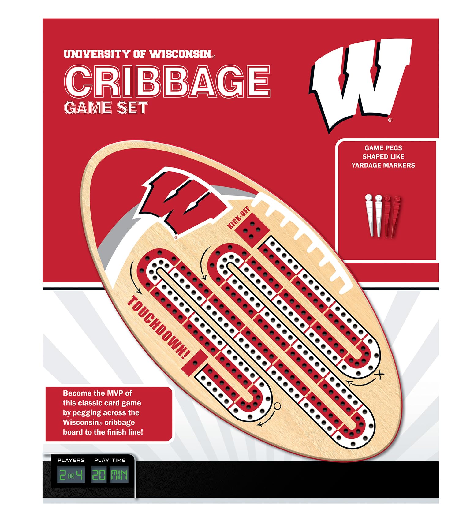 Masterpieces NCAA Wisconsin Badgers Unique Wooden Cribbage Board with Custom Pegs