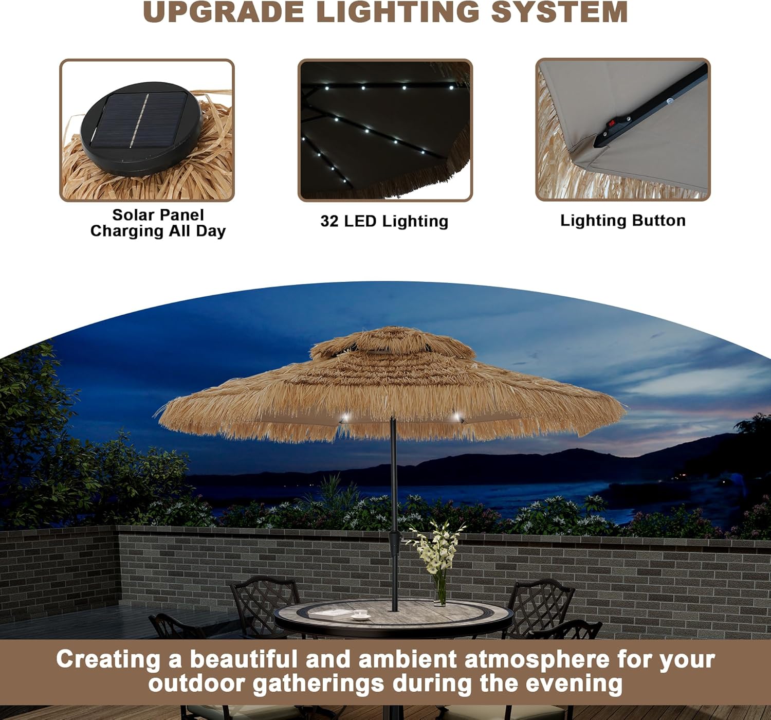 Clihome Tiki Umbrella with Base Thatched Patio Umbrella Hawaiian Style Beach Umbrellas Pool Umbrella for Outdoor Tiki Bar, Tropical Palapa, Patio Garden, Beach, Backyard