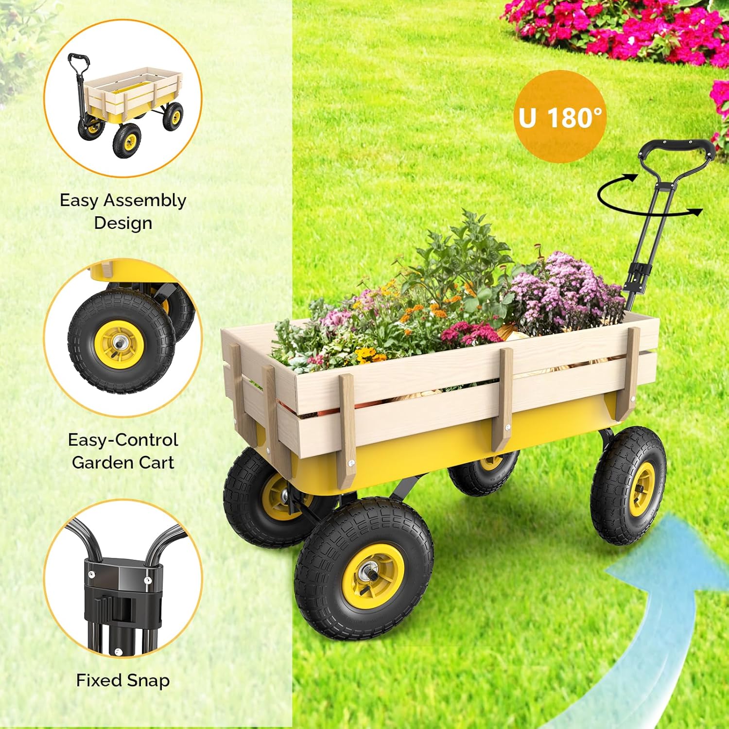 VINGLI Wagon Cart, Steel Frame and Wood Coated Railing, 330lbs All Terrain Wagon 9.2in Air Tires for Garden and Outdoor (Yellow)