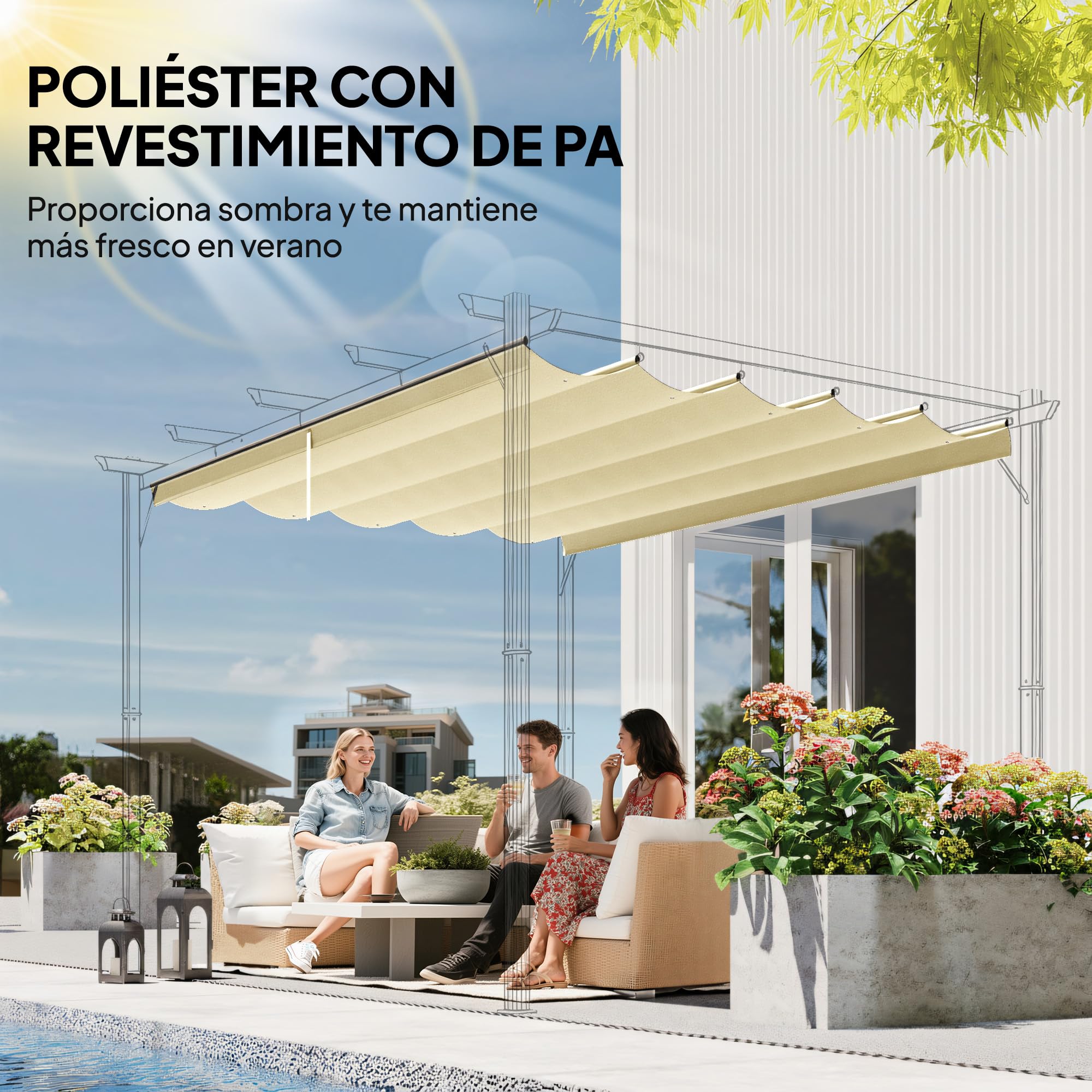Outsunny Techo de Pérgola 3,5x2,6 m, Techo de Repuesto Retráctil para Marco de Pérgola de 4x3 m, UV30+, Toldo de Tela Solo para Cenador Jardín con 10 Orificios de Drenaje, Crema