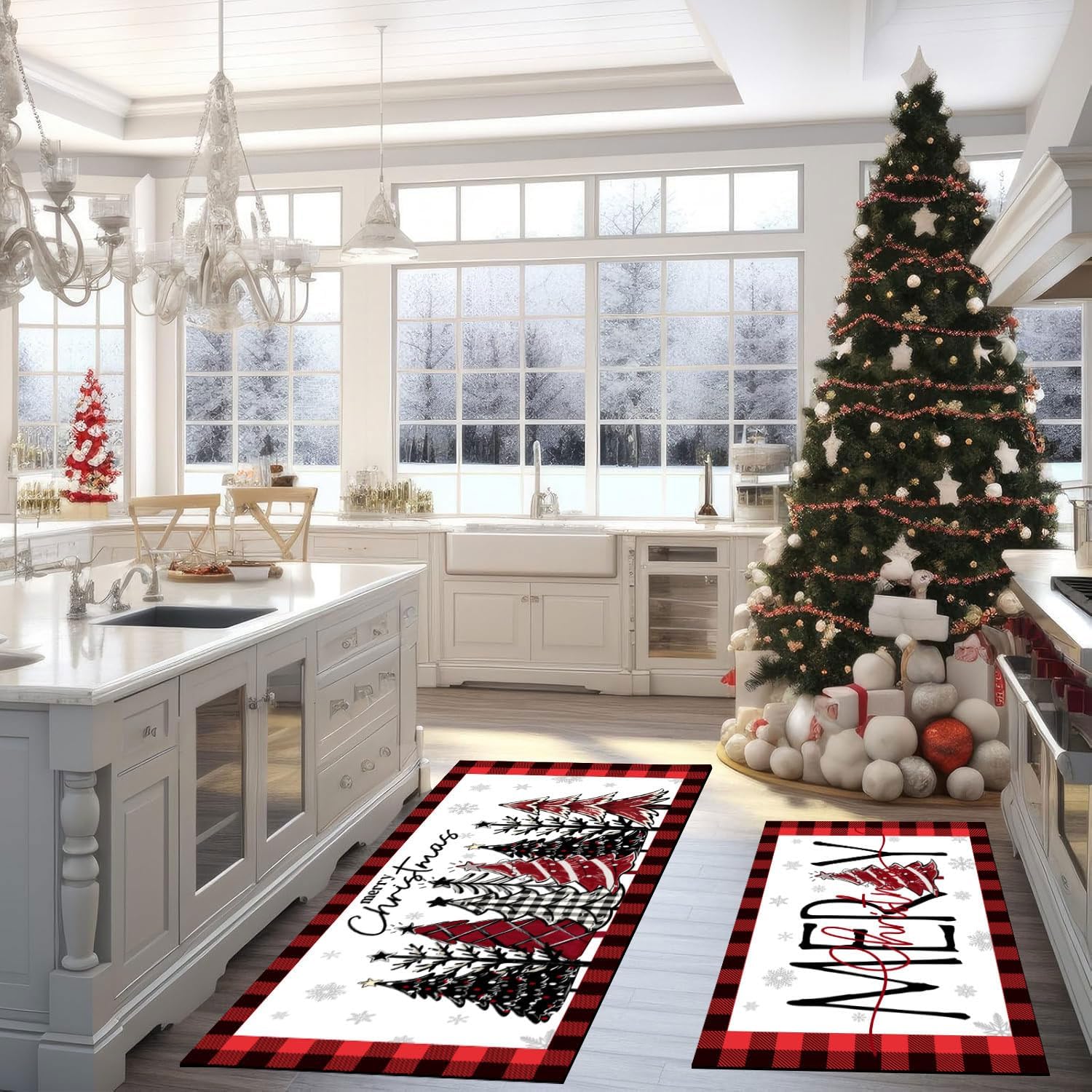 Merry Christmas Kitchen Mats Set of 2, Red Buffalo Plaid Xmas Trees Winter Decor Low-Profile Non-Slip with Rubber Backing Kitchen Rugs for Floor (Red and Black, 19.7"x31.5"+19.7"x47.3")