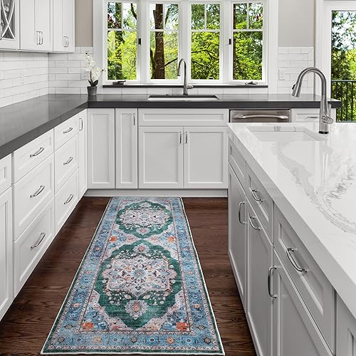 Vowkten Area Rugs Machine Washable Boho Rug Non-Slip Vintage Low Pile Rugs for Living Room, Bedroom, Farmhouse, Dining Room, Kids Playroom Girls (2'6''x8', Green)