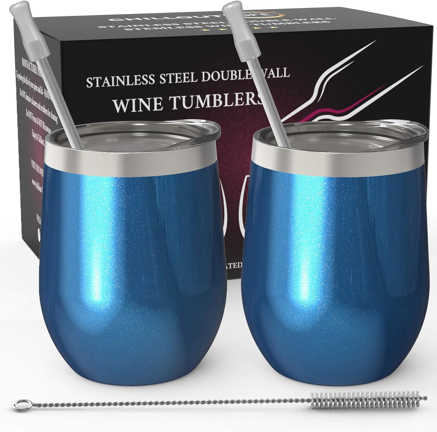 CHILLOUT LIFE 12 oz Stainless Steel Wine Tumblers 2 Pack - Double Wall Vacuum Insulated Wine Glasses Cups with Lids and Straws Set Keeping Cold & Hot for Coffee, Beer, Ice Cream - Blue Sparkle
