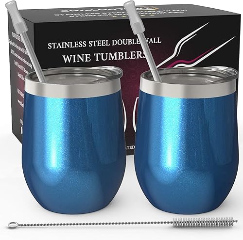 CHILLOUT LIFE - Vaso de vino de acero inoxidable de 355 ml12 oz, doble pared aislada al vacío, tazas de vino con tapas y popotes
