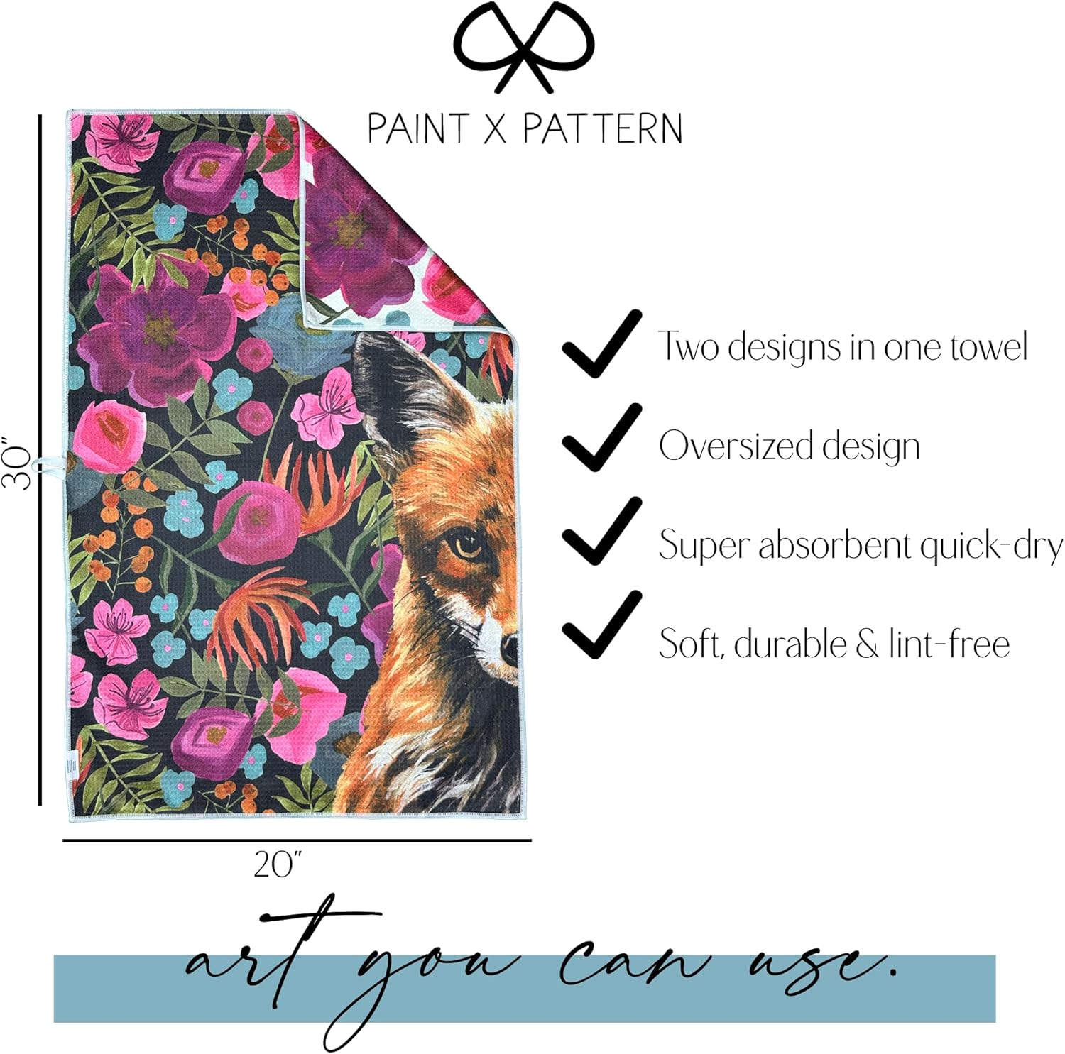 Double Sided Microfiber Waffle Kitchen Tea Towel - Quick Dry Ultra Absorbant 20 x 30 inches, Cute Critters, Multiple Colors, (Painted Floral Fox)