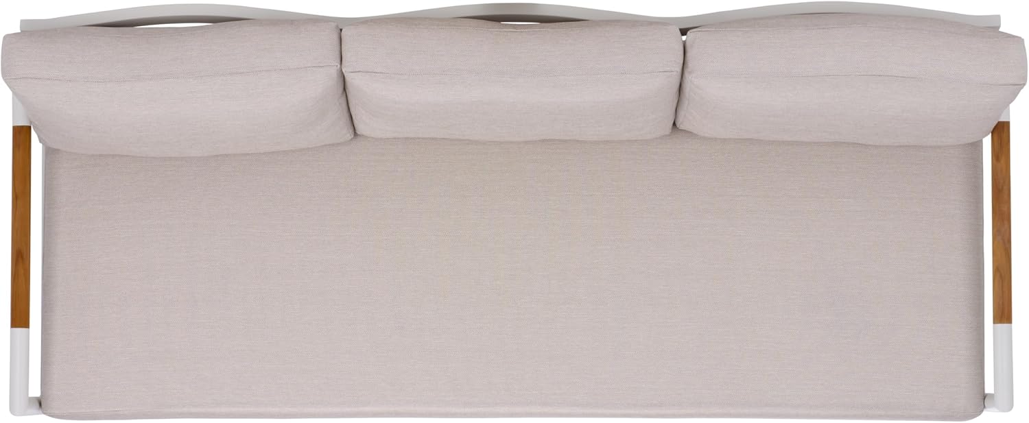 SAFAVIEH Couture Outdoor Patio Furniture Collection - Chryssa 3-Seater Sofa, White Aluminum Frame with Natural Teak Wood Armrests & Beige Cushions (CPT4008A)