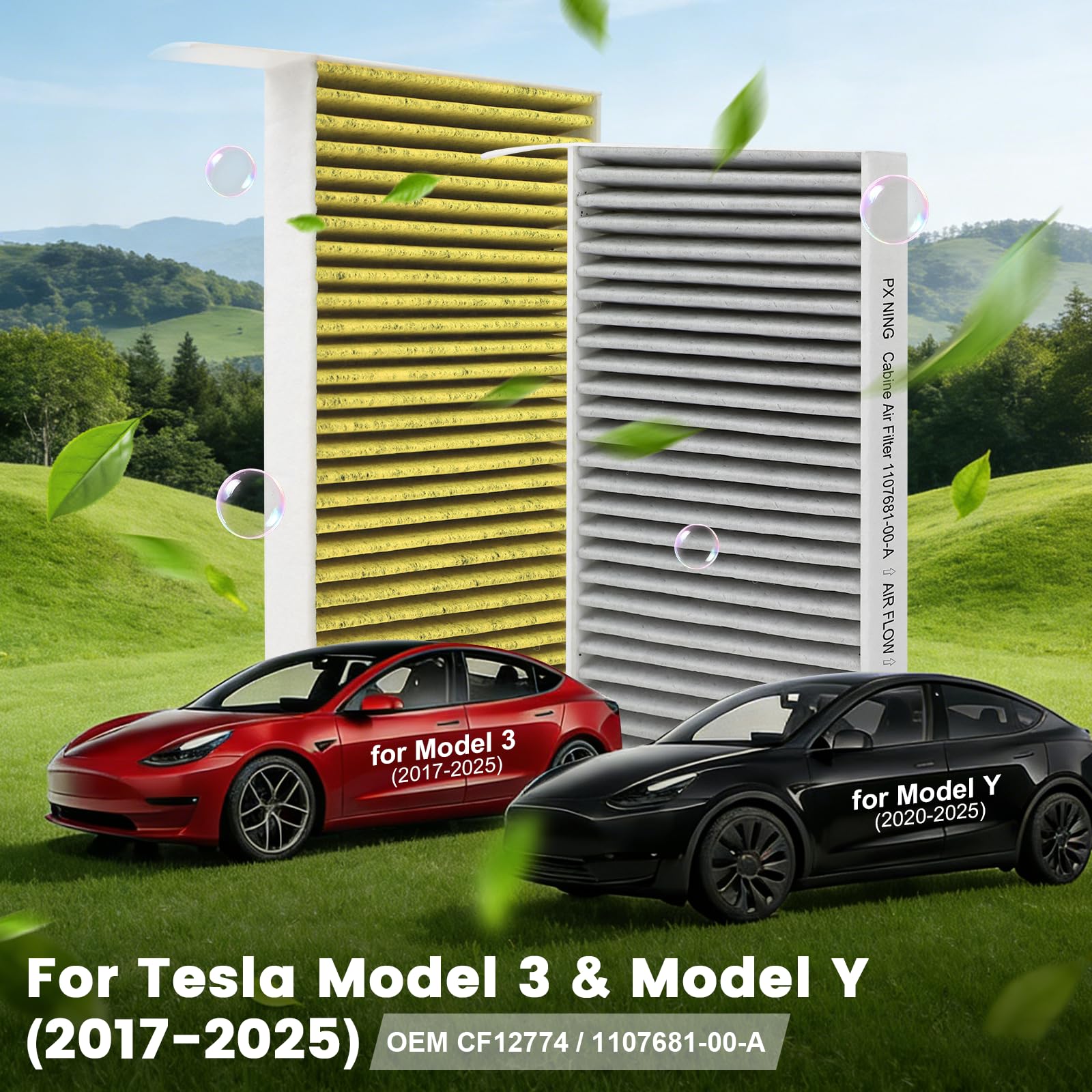 2 filtri per abitacolo con carbone attivo, compatibili con Tesla Model 3 (2017-2025) e Tesla Model Y (2020-2025), filtro dell'aria abitacolo PM2.5, ricambio OEM, filtro dell'aria auto per