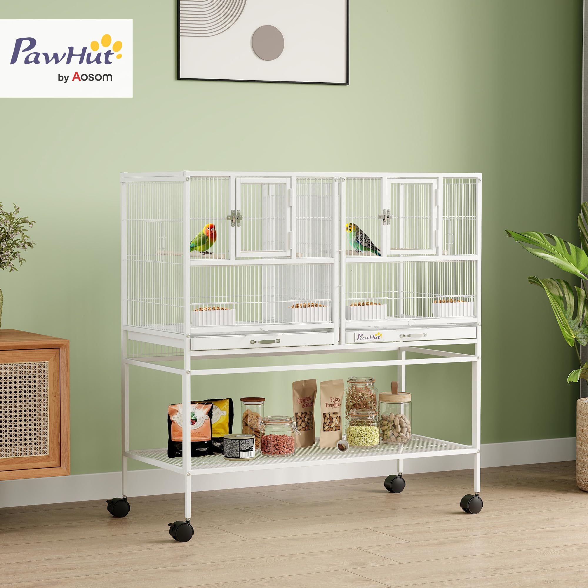 PawHut Jaula para Pájaros Grande con Divisor, Pajarera Doble con Ruedas, 4 Comederos, 4 Perchas, Estante, 2 Bandejas Extraíbles, para Periquitos, Agapornis, Canarios, 95x45,5x102 cm, Blanco