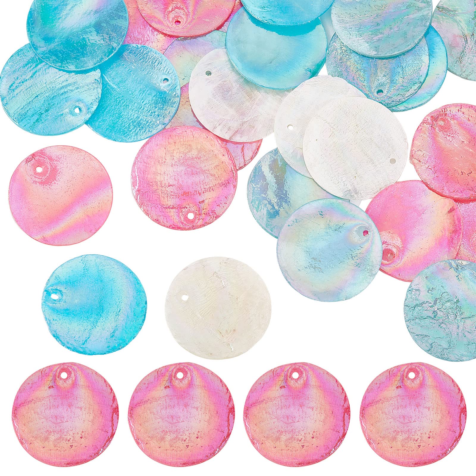 Photo 1 of **MISSING PARTS**SUNNYCLUE 1 Box 40Pcs Shell Charms Seashell Charm Capiz Shells Slices AB Color Charms 25mm Flat Round Blue Pink Sea Shell Summer Ocean Charms for Jewelry Making Charm DIY Wind Chime Earrings Supplies