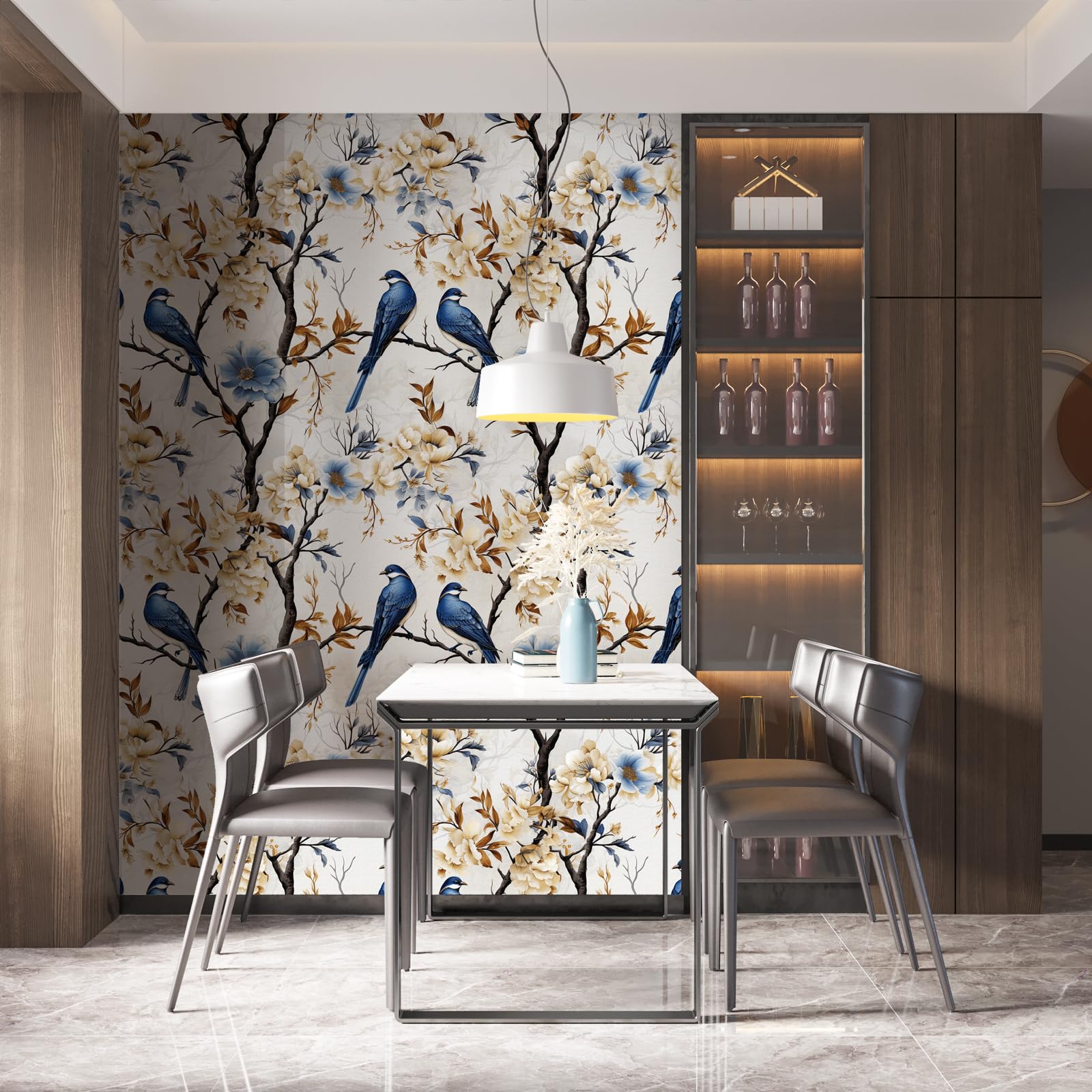 Papel pintado autoadhesivo floral, 44 x 600 cm Papel pintado autoadhesivo de pájaros y flores, papel de pared de despegar y pegar, flores de pájaro azul, hojas, árbol, autoadhesivo, envoltorio de