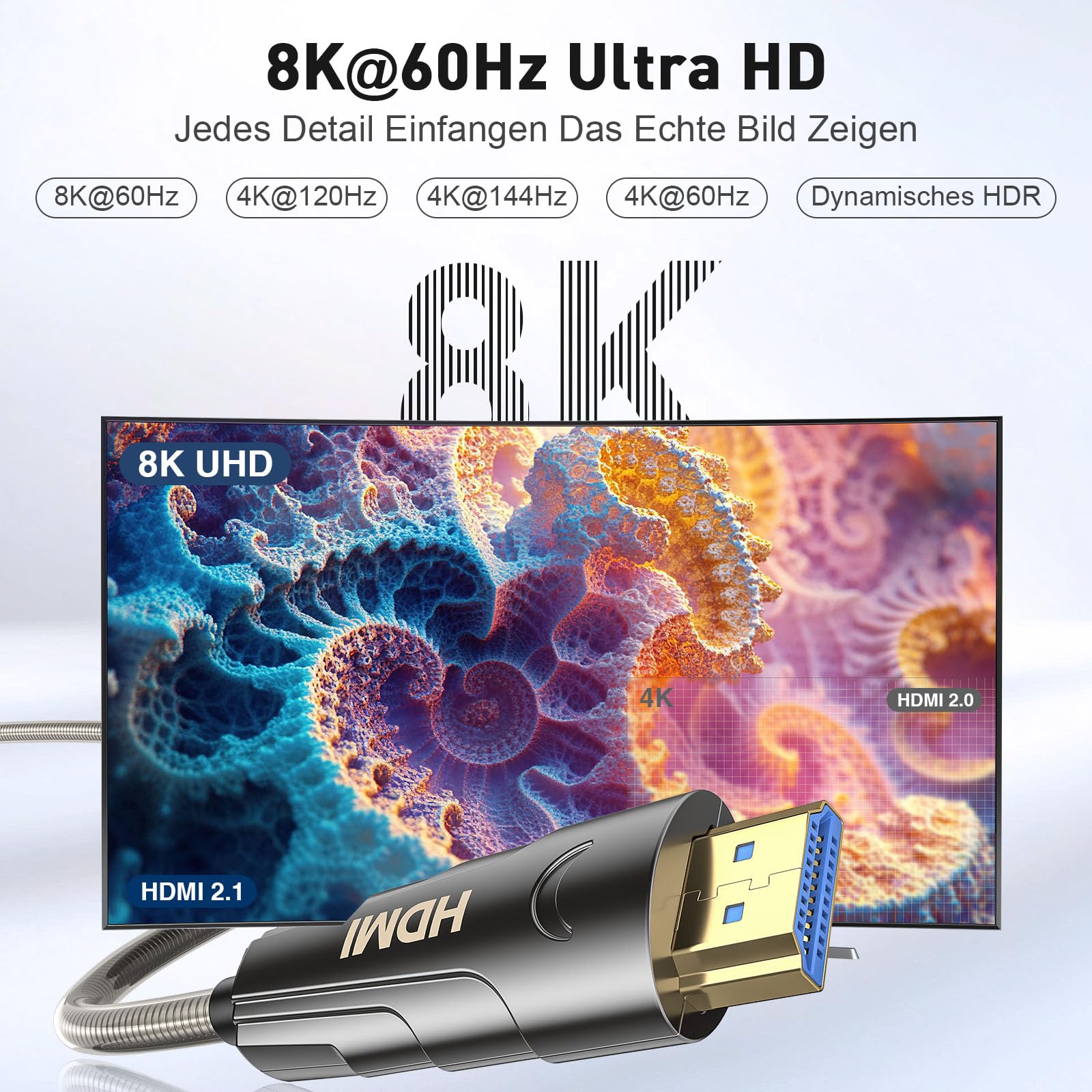 Cable de fibra óptica 8K HDMI 40M HDMI 2.1 cable 48 Gbps Ultra High Speed,In Wall CL3 Rated,AOC 8K @60Hz,4K @120Hz/144Hz Dynamic HDR eARC Dolby HDCP2.2 Compatible con PS10,Xbox SeriesX, PC, TV