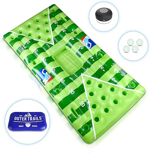 Miniatura 5 de Mesa inflable flotante de beer-pong para colocar cervezas, con altavoz WiFi, incluye 4 bolas brillantes de ping pong y cubierta extraíble para