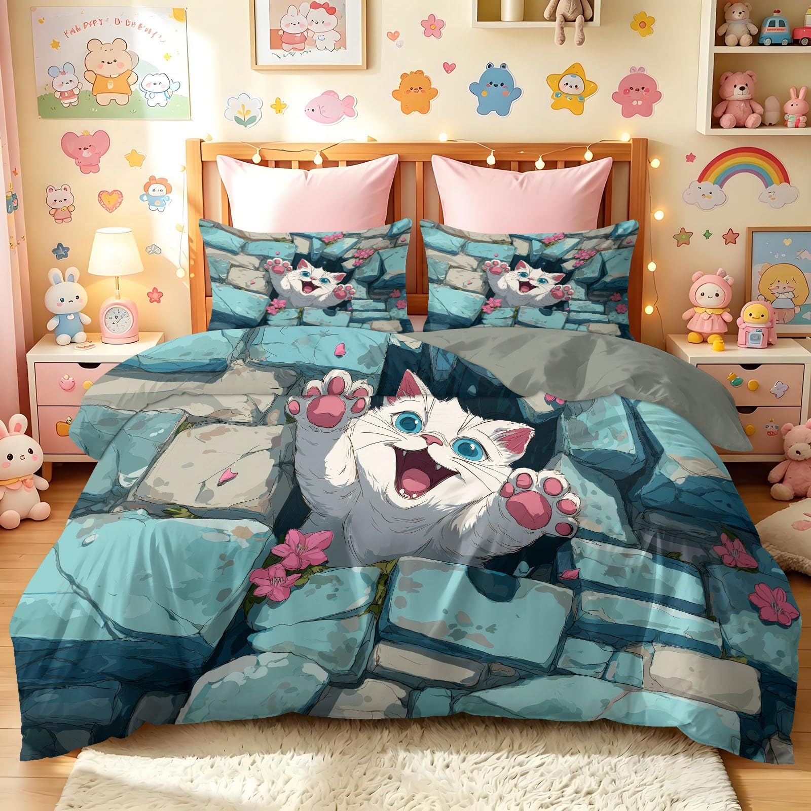 Juego de funda de edredón y funda de almohada de dibujos animados terapéuticos, tamaño Super King, diseño de pared de piedra de gato blanco, ropa de cama de microfibra suave, 260 x 220 cm, reversible