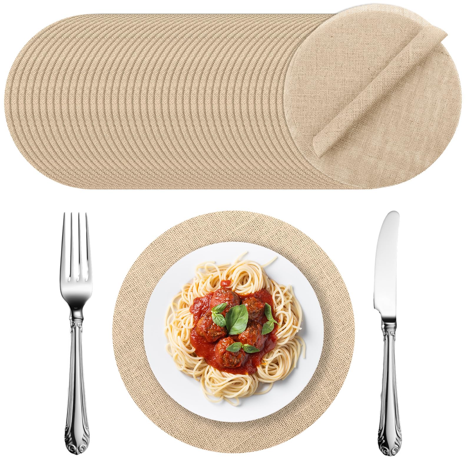 Photo 1 of PercyEffie40pcs 11.8In Burlap placemats Round placemats Set Rattan Reusable Jute Fibers placemat for Round Table mats Washable Circle Table Mats Dining Party Wedding Christmas Dinner Holiday