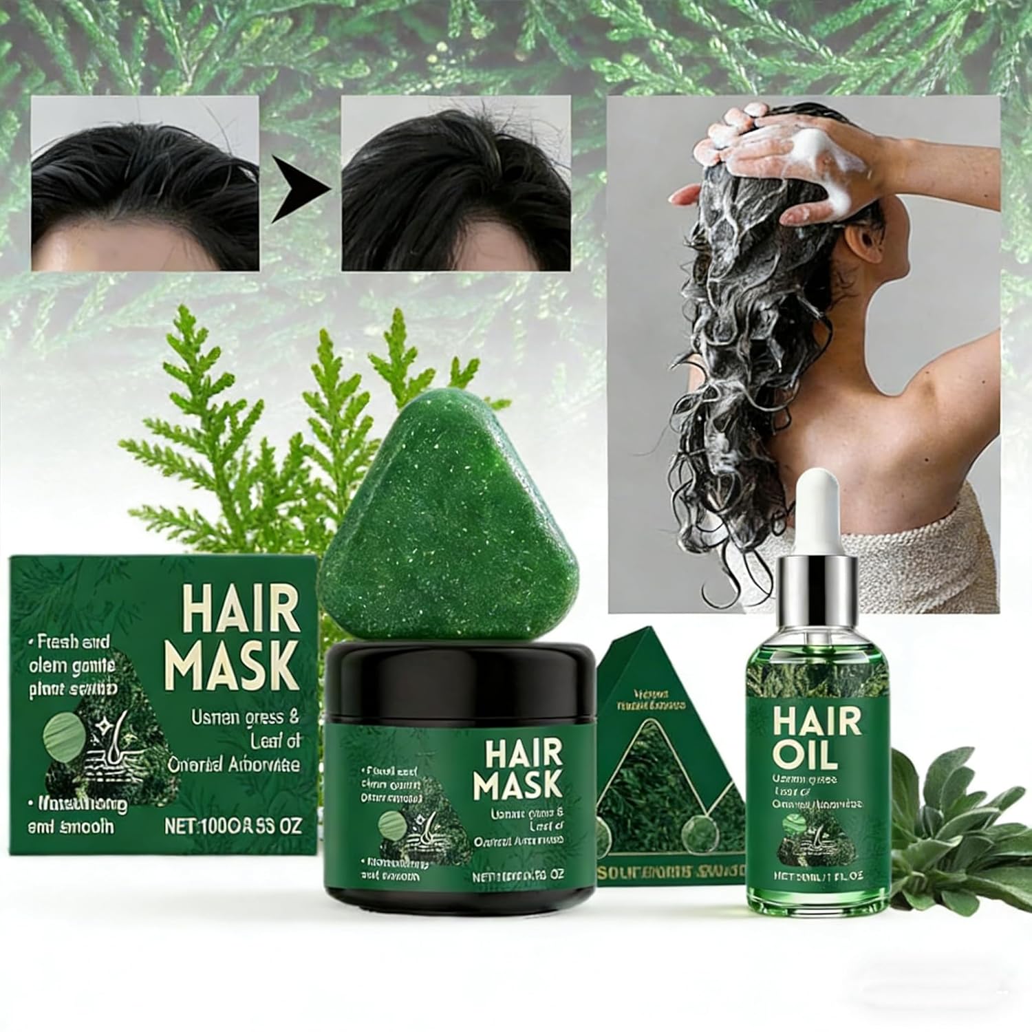 Usman Grass Hair Treatment Hair Care Set, Hair Oil, Shampoo Bar and Hair mask Set - Helps Restore Shine and Hydration, Reducing Thinning Hair Loss with Leaf Of Oriental Arborvitae - Image 4