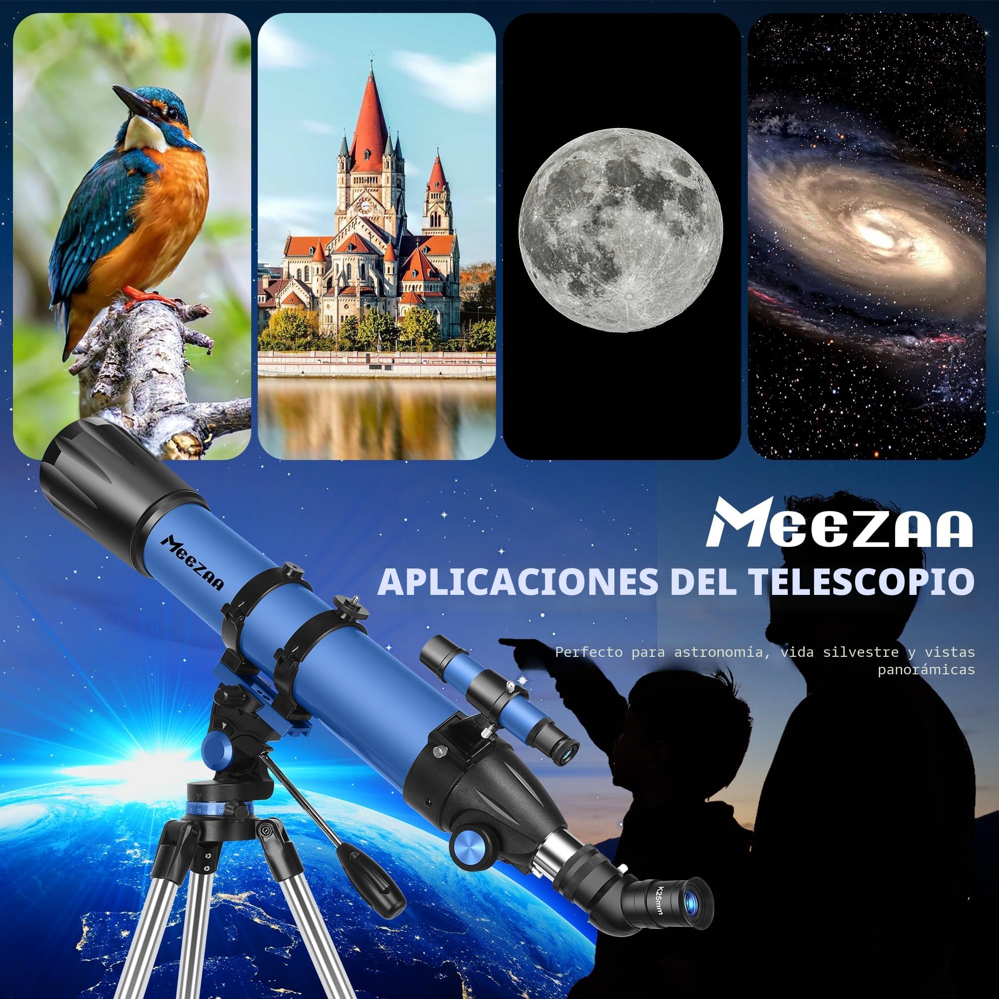 MEEZAA Telescopio, Telescopio Astronómico Profesional para Adultos Niños y Principiantes, 90 mm Apertura 800 mm Telescopios Refractor Portátil con Trípode, Bolsa, Adaptador de Teléfono y Filtro Lunar
