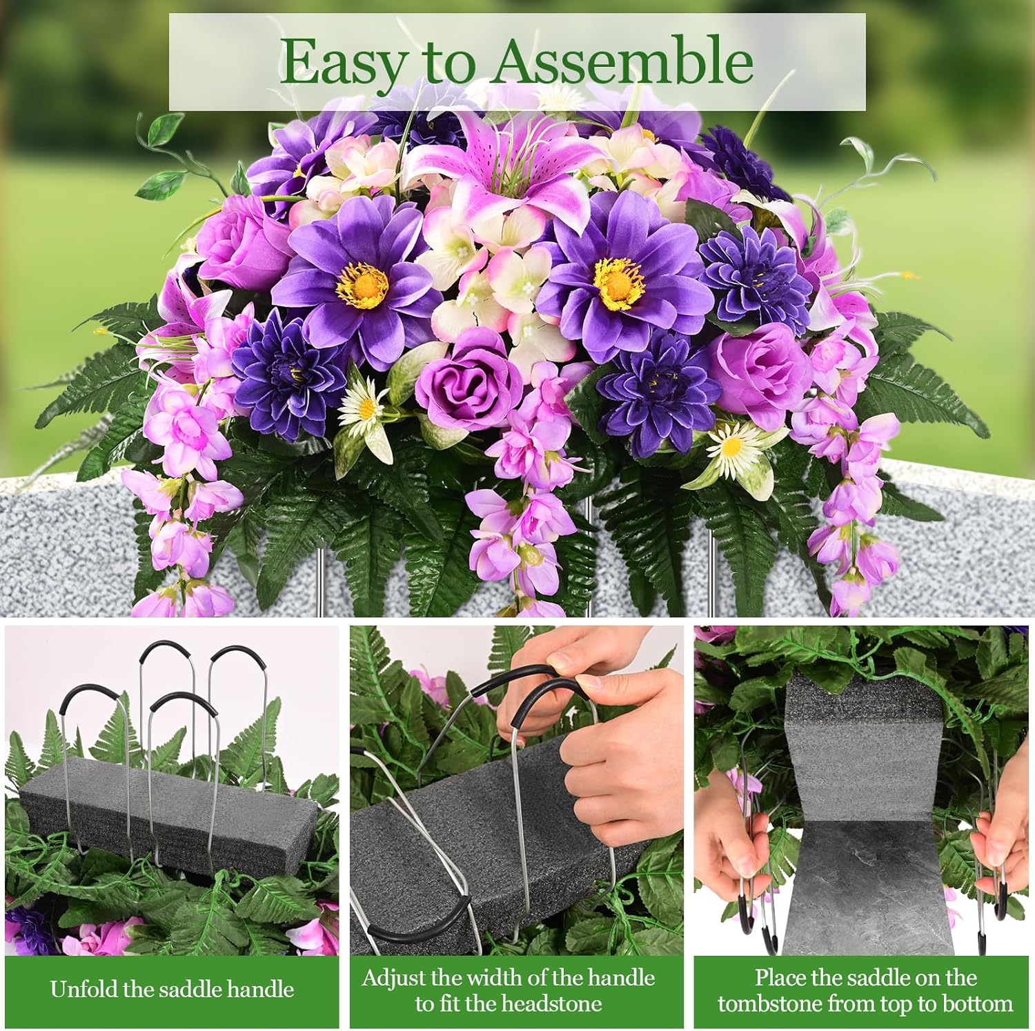 Artificial Cemetery Flowers for Grave, Headstone Flower Saddle Realistic Grave Decorations for Cemetery, UV Resistant Memorial Day Flowers with Lily Rose Sunflower for Headstone Cemetery Grave Decor
