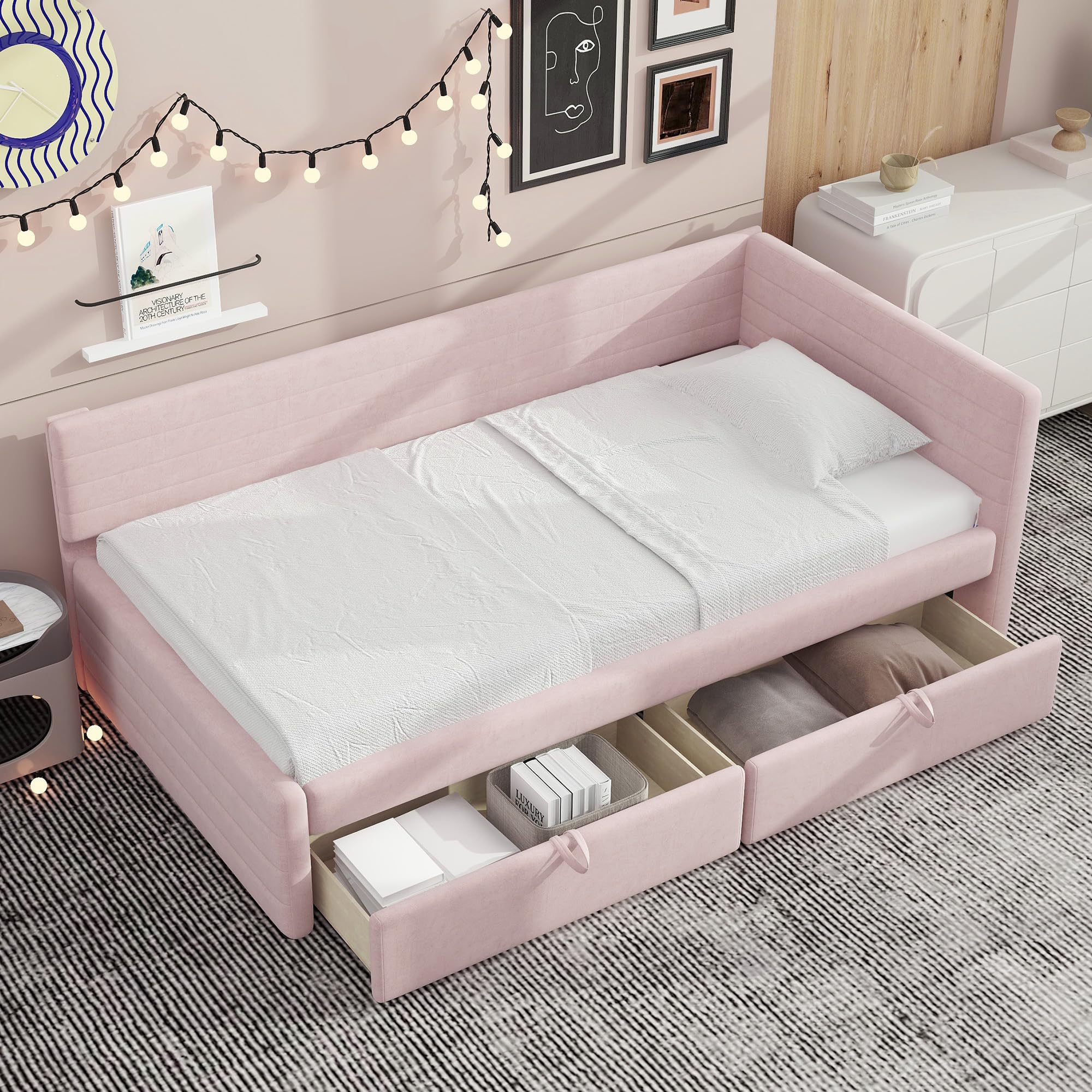 SOFTSEA Pink Twin Corner Daybed with Storage, Velvet Low Back Upholstered Daybed for Kids Teens Adults, No Box Spring Ne