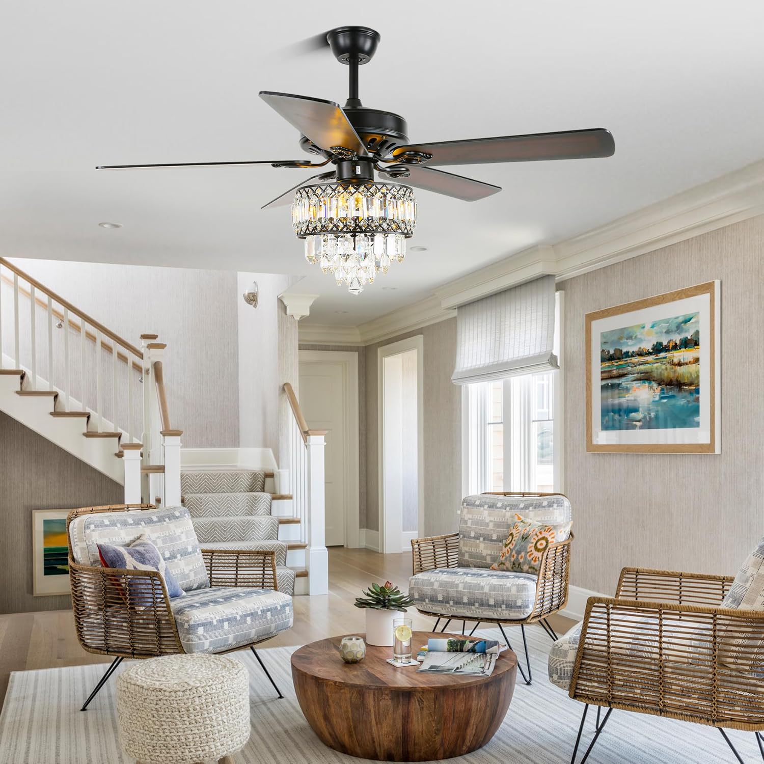 Bella Depot 52 Inch Crystal Ceiling Fan, Black Chandelier Fan with Lights and Remote Wood Blades, Modern Fandelier Fan for Bedroom Living Room Indoor