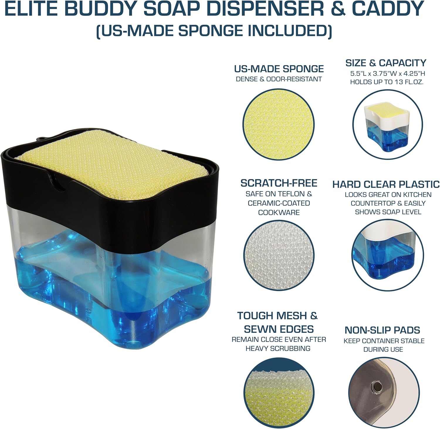 Elite All Purpose Cleaning Pad, 24 Pads (Individually Boxed) and Elite Buddy Dish Soap Dispenser and Sponge Caddy (Black)