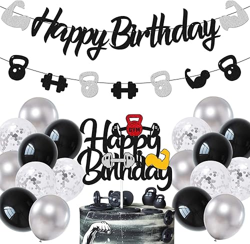 Decoraciones de cumpleaños para gimnasio, levantamiento de pesas, pancarta de feliz cumpleaños, decoración de pastel, globos de látex negro y gris