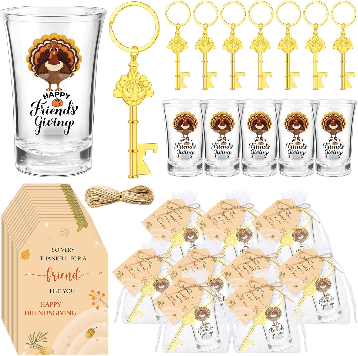 Meanplan 12 Sets Happy Friendsgiving Party Favor Thanksgiving Turkey Shot Glass Cups Turkey Bottle Opener Keychain Happy Friendsgiving Cards with Bags Friends Party Thanksgiving Gift for Guest Gifts