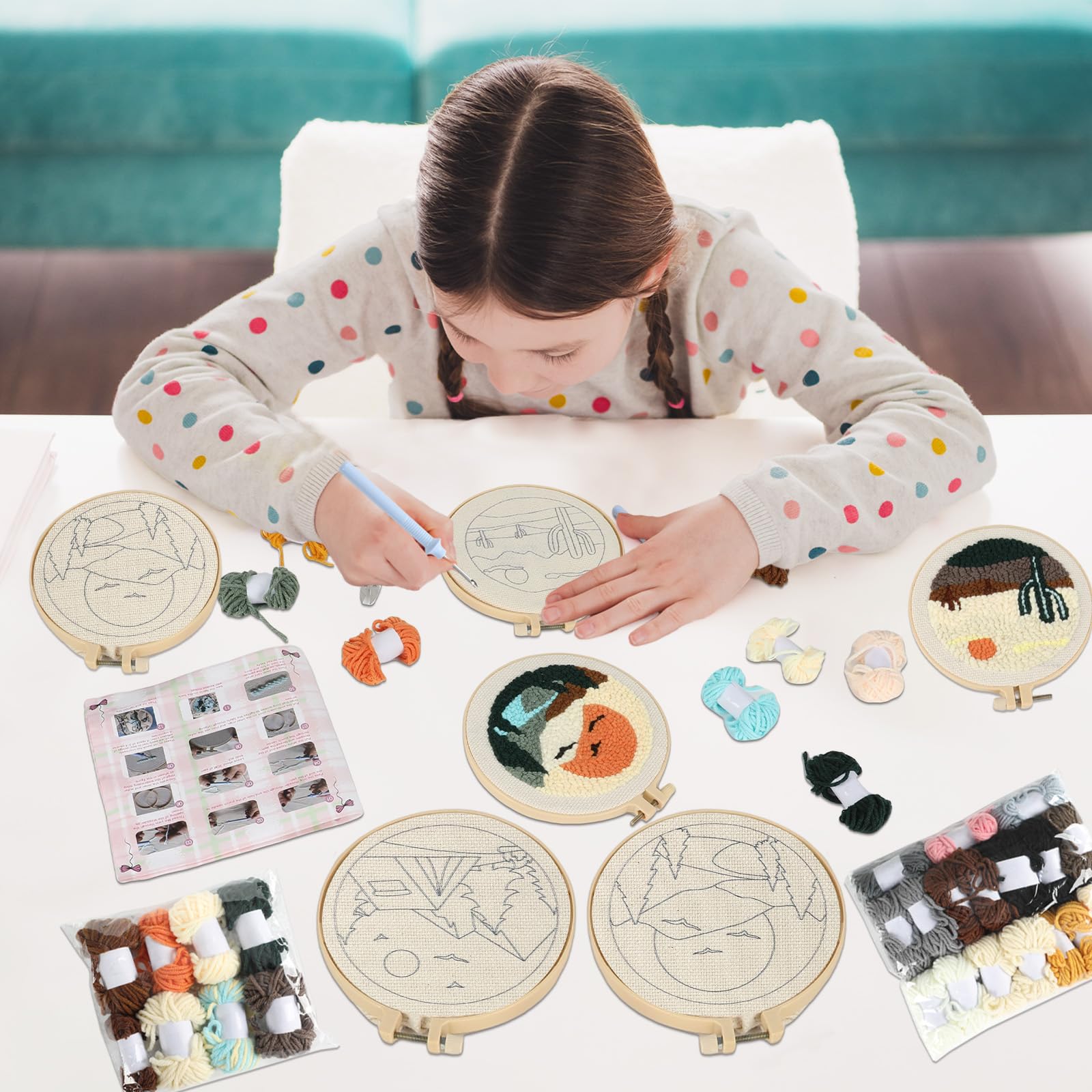 ojustbeok Juego de 3 kits de iniciación de bordado de aguja de perforación, incluye tela de aguja de perforación con patrón, hilos, aros de bordado, agujas de coser, instrucciones para adultos,