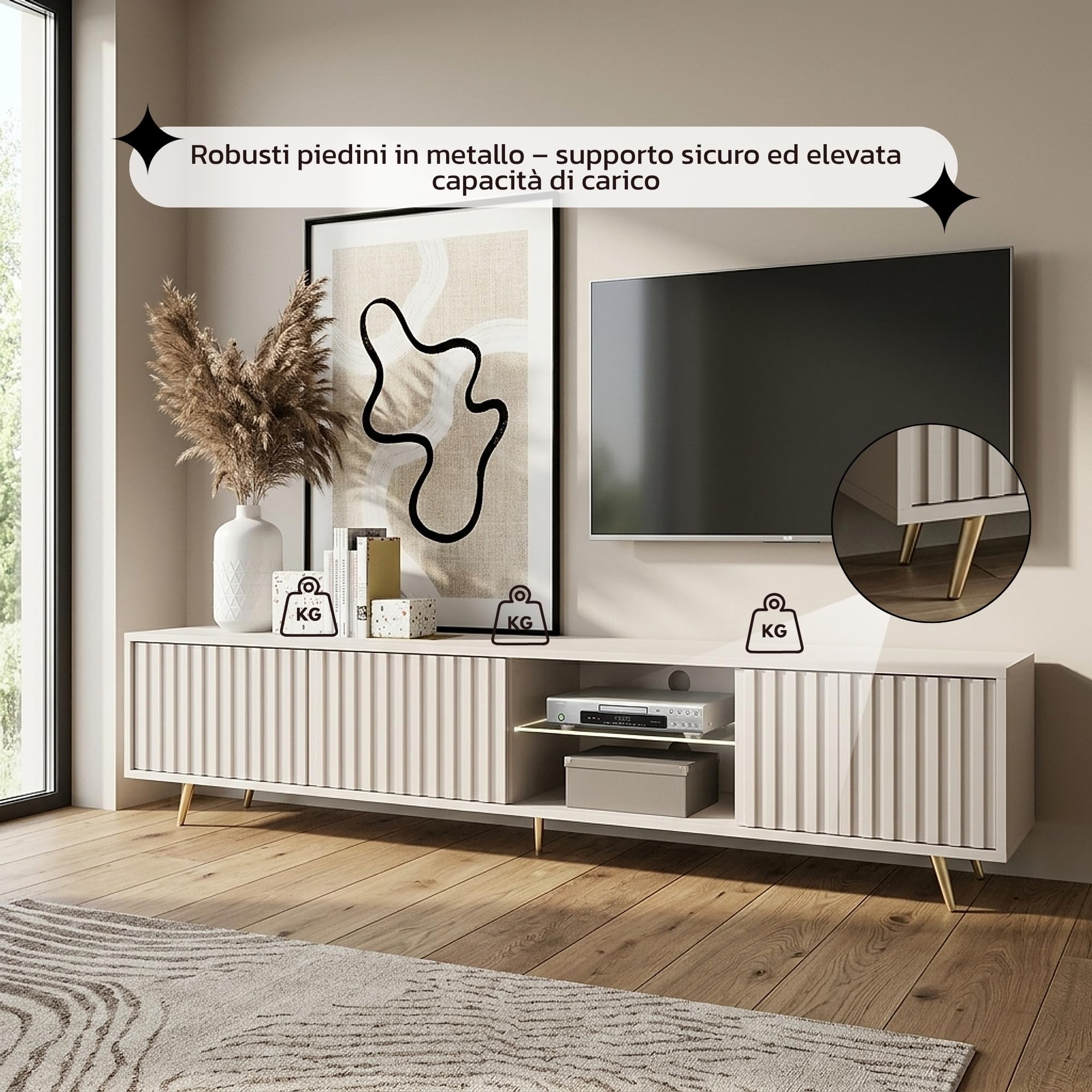 Selsey Mobile TV Mobile Porta TV Con Piedini Dorati 175 cm A Doghe Beige Grigio Bello
