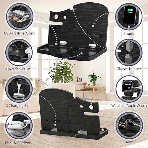 Miniatura 2 de BarvA Estación de acoplamiento de madera, organizador de mesita de noche, soporte para teléfono, cartera, reloj, soporte para llaves, carrito de