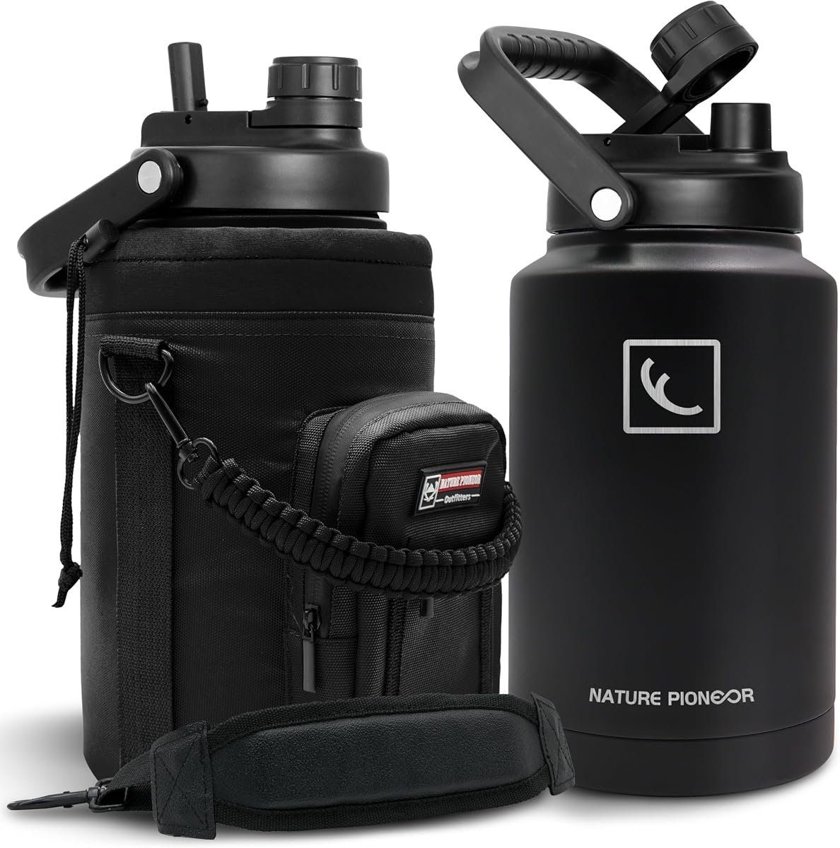 NATURE PIONEOR 1 Gallon (128oz) Insulated Water Bottle Jug with Carrier Bag | 18/8 Food-grade Stainless Steel, Double Vacuum Insulation, Wide-Mouth, Straw & Spout Lid, Strap, Camping, Hiking, Gym, Work