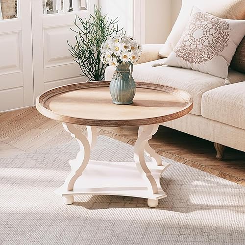 Miniatura 9 de Mesa auxiliar redonda de granja con acabado hecho a mano, bandeja de madera con parte superior rústica para mayor grosor, mesa auxiliar con